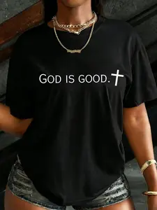 "GOD IS GOOD" cross faith printed short-sleeve T-shirt, American street casual style, suitable for daily outings and personalized outfits