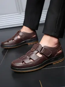 Men's Casual Leather Sandals, Soft Bottom Sandals, Fashionable Hollow Out Design Sandals for Summer, Breathable Comfortable Shoes for Daily Wear, Boy, Buckle Up Sandals, Footwear Sandal