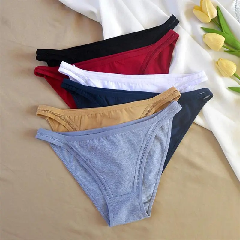 Women's Cotton Mesh Bikini Briefs 3-Pcs Set - Solid Colors, Female Simple Cut Snug Fit Minimalist Underwear
