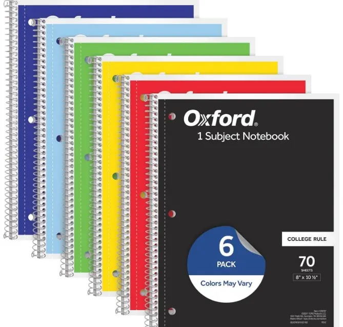 Oxford Spiral Notebook 6 Pack, 1 Subject, College Ruled Paper, 8 x 10-1/2 Inch, Color Assortment Design May Vary (65007)