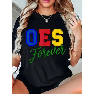 Women’s Black T-Shirt with OES Forever Colorful Letter Print, Ideal for OES Sorority Events & Casual Daily Wear