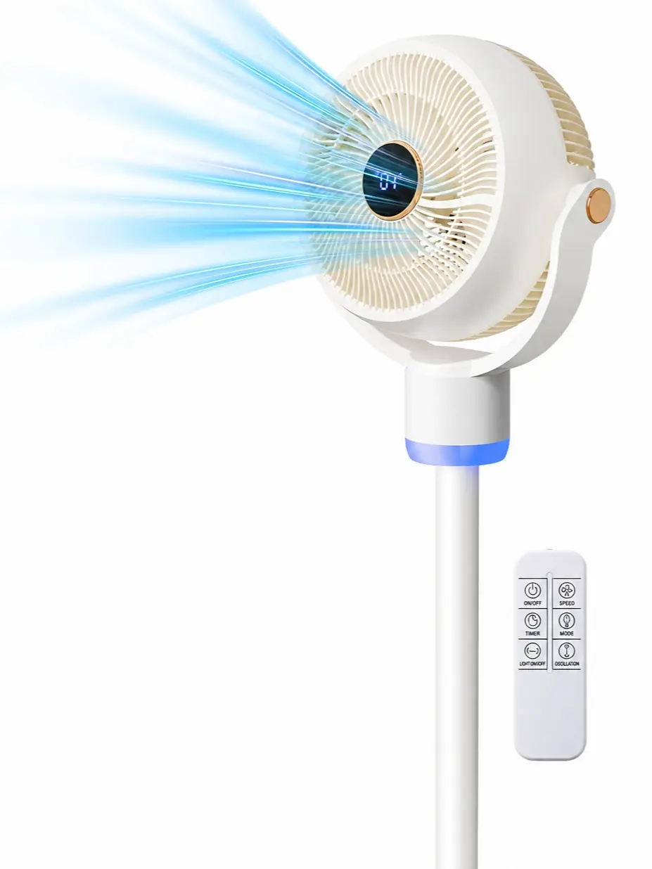 3-in-1 Standing Fan for Bedroom, 40" Pedestal & Tabletop Fan, 120°+90°Omni-directional Oscillating Fan with Remote, Mood Lighting, 3 Speeds, 12H Timer and Adjustable Height, White 110V 40W