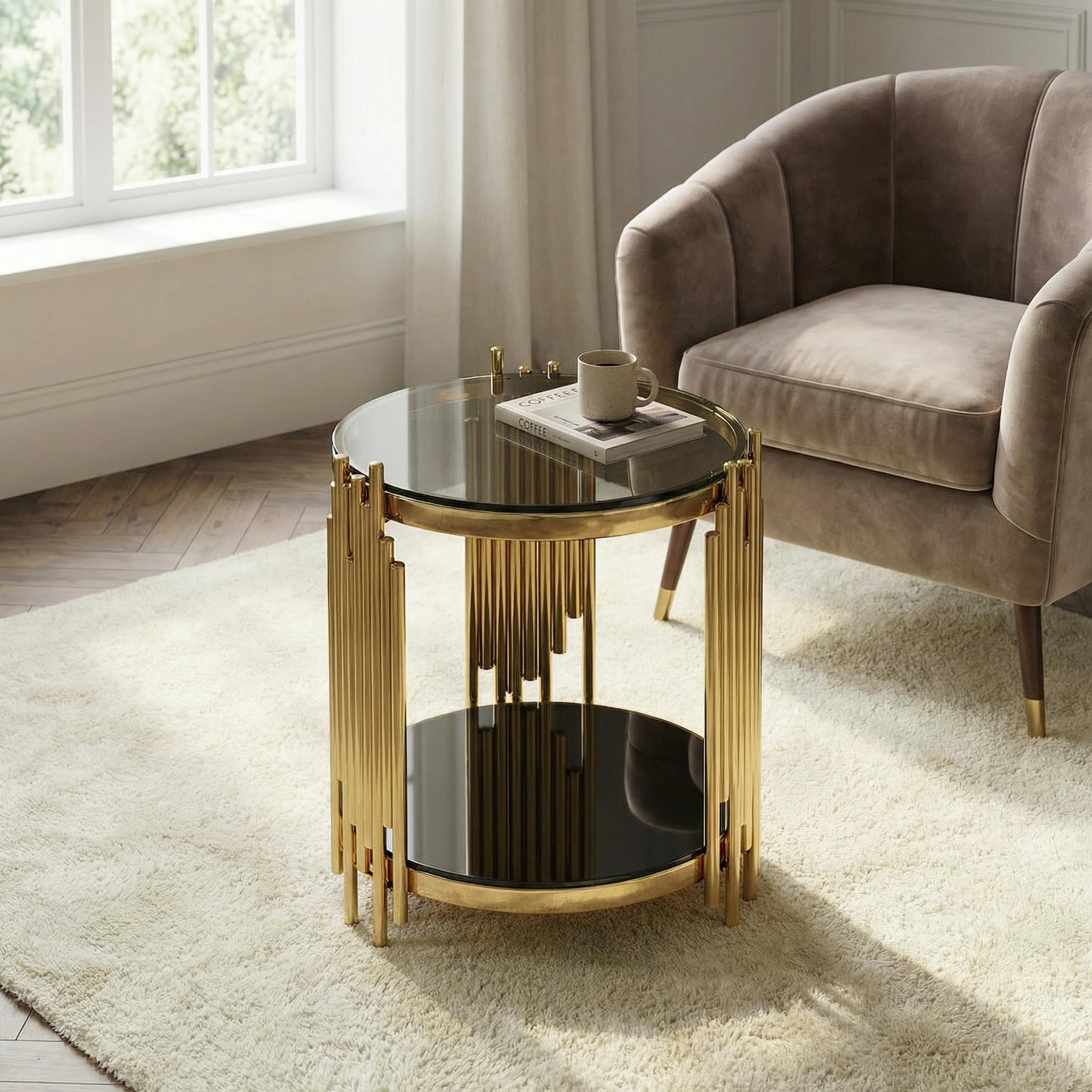 NYUN Round Tempered Glass Coffee Table - Mirror Gold Stainless Steel Multi-Functional Table​