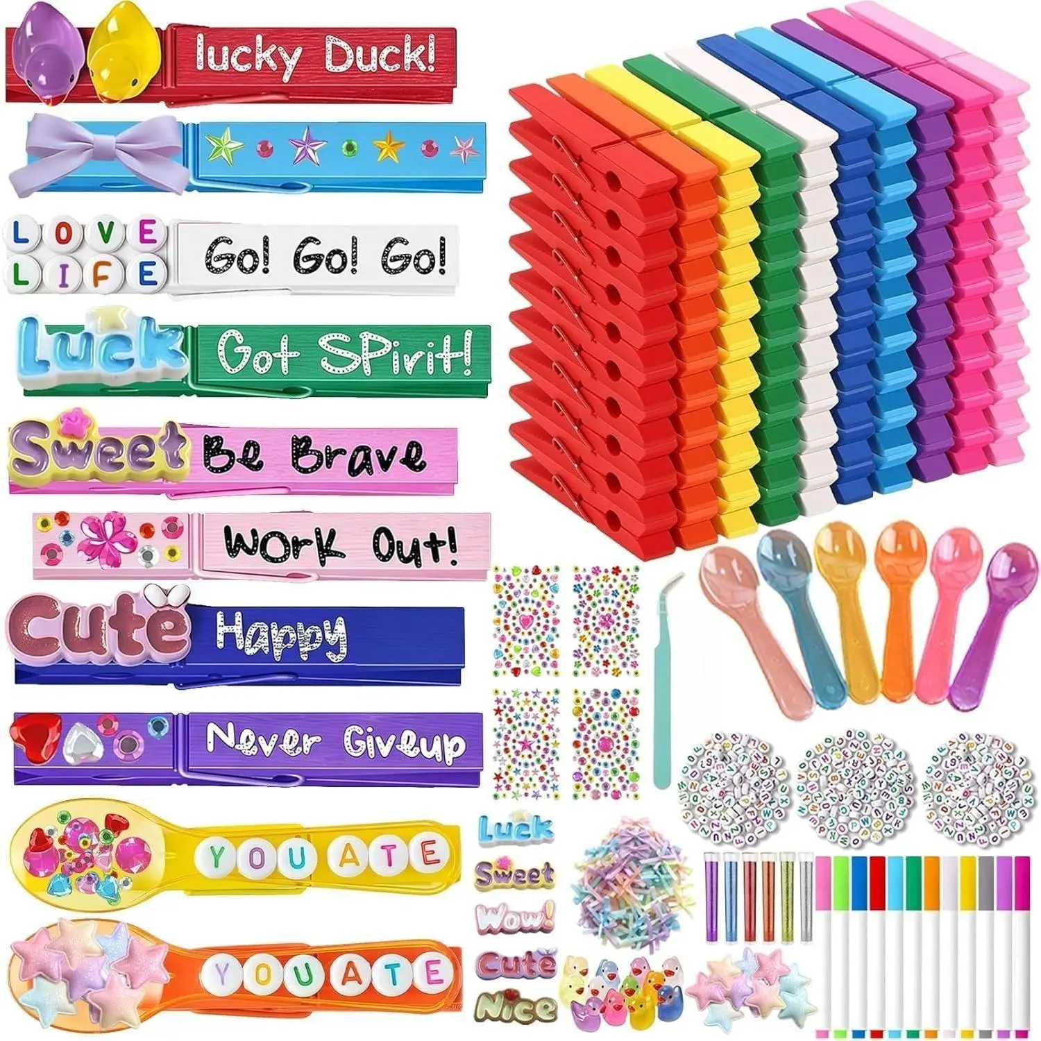 MEPIG 622 pcs Cheer Pins Kit DIY Wooden Colored Clothes Pin Decorations with 100 Cheerleader Team Spirit Clips Mini Ducks Mini Bows Bead Craft for Cheerleading Team Backpack Gifts Class Project