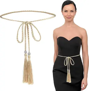 Women's Thin Braided Belt Trendy Boho Thin Belt Waistband Tassel Braided Waist Belt for Skirt Dress