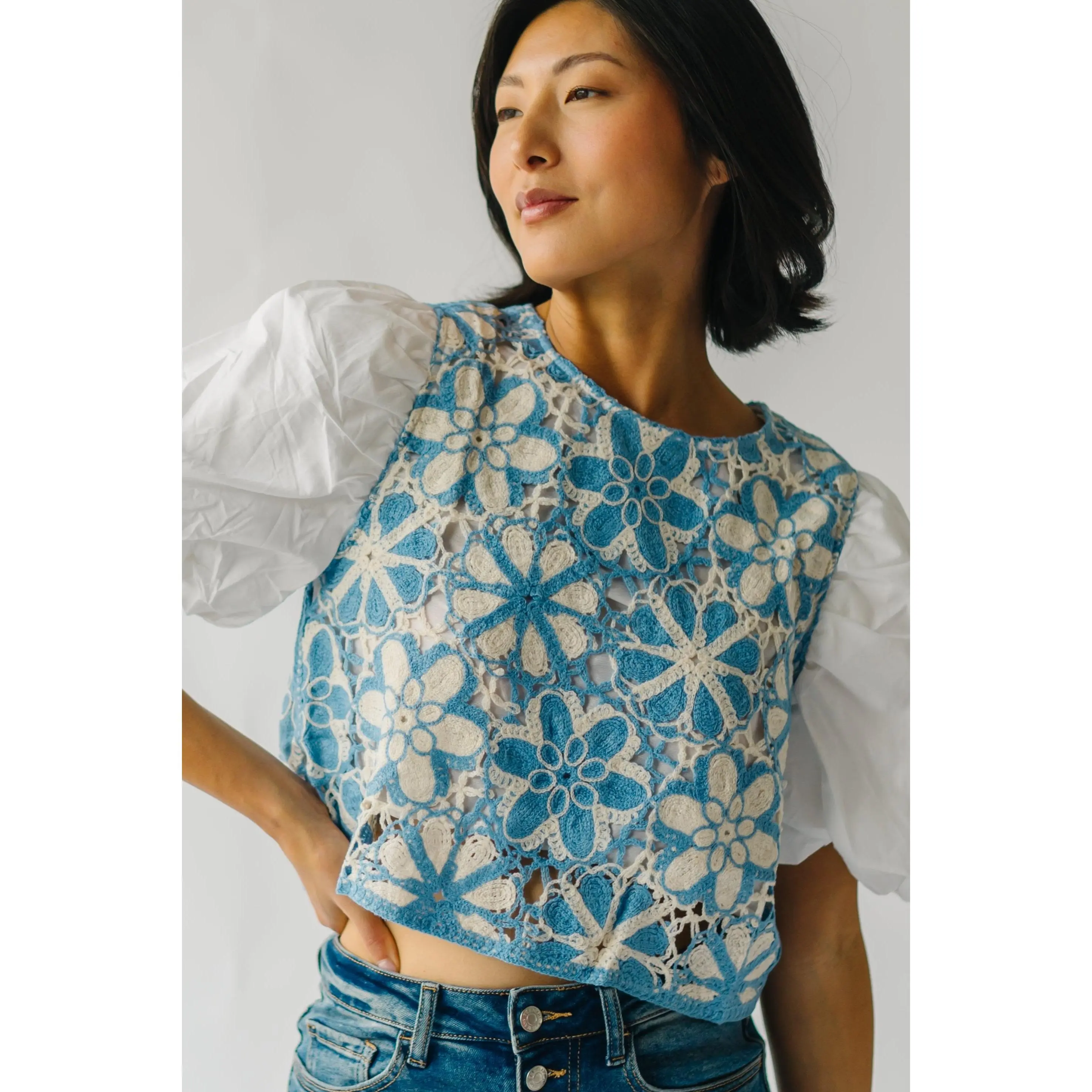 The Switzer Balloon Sleeve Crochet Blouse in Off White