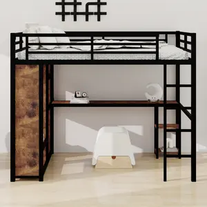 Queen-sized metal loft bed with integrated wardrobe, desk, and woodgrain finish storage shelves.
