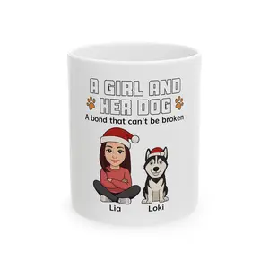 Custom Dog Cartoon Mug – Personalized Girl & Her Dog Mug – Husky Gift – Pet Lover Gift – Custom Pet Portrait Mug – Christmas Gift