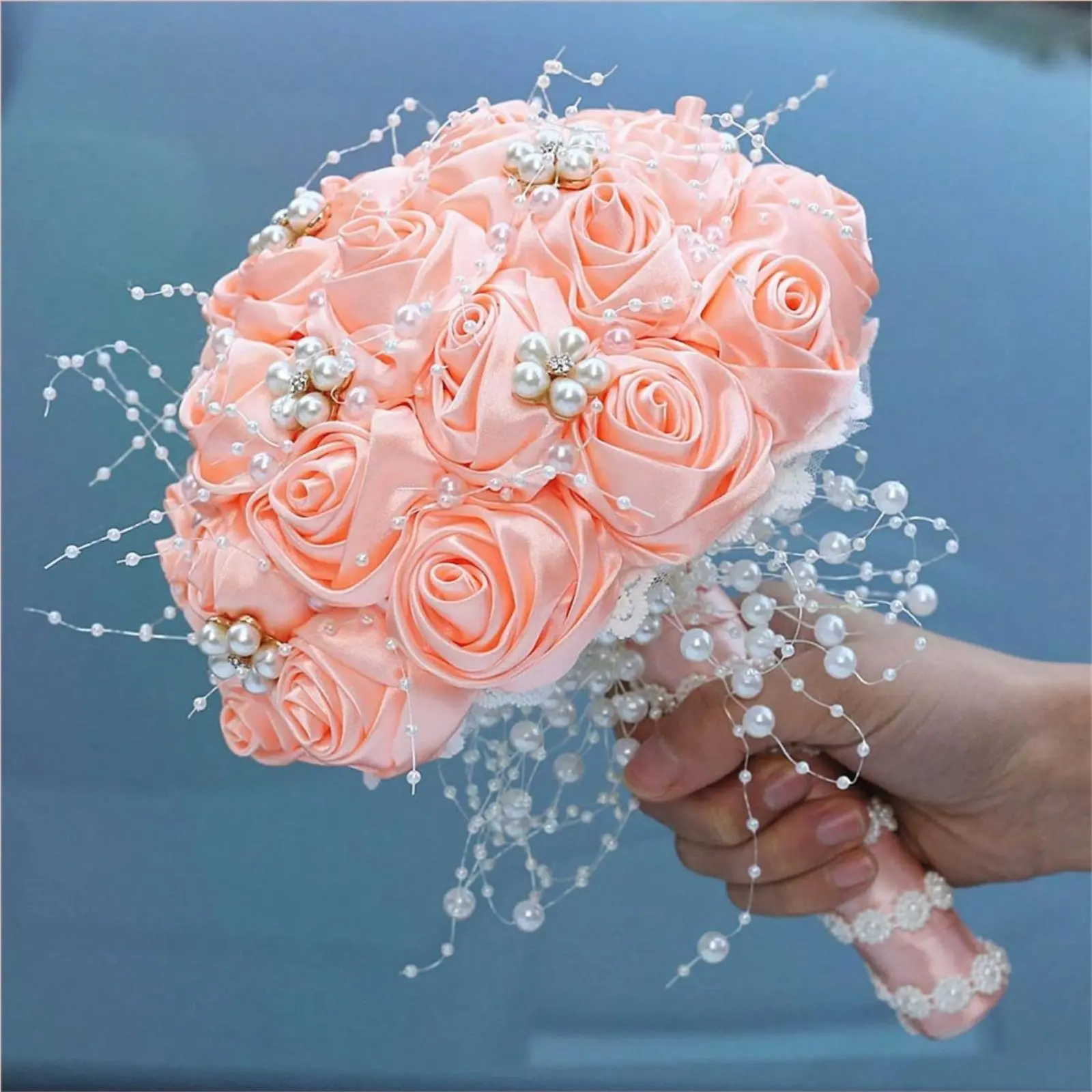 Milk White European-Style Handheld Core Ball Type Floral Bouquet with Simulated Pearls, Home Decor Decoration for Wedding, Anniversary Gift Home Supply