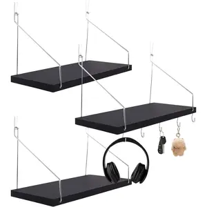 3-Pack 12x6.0in Black Wooden Hanging Cubicle Shelf for Fabric Walls with Hooks, Hanging Organizer for Office Cubicle Desk Storage & Decor for Women Work