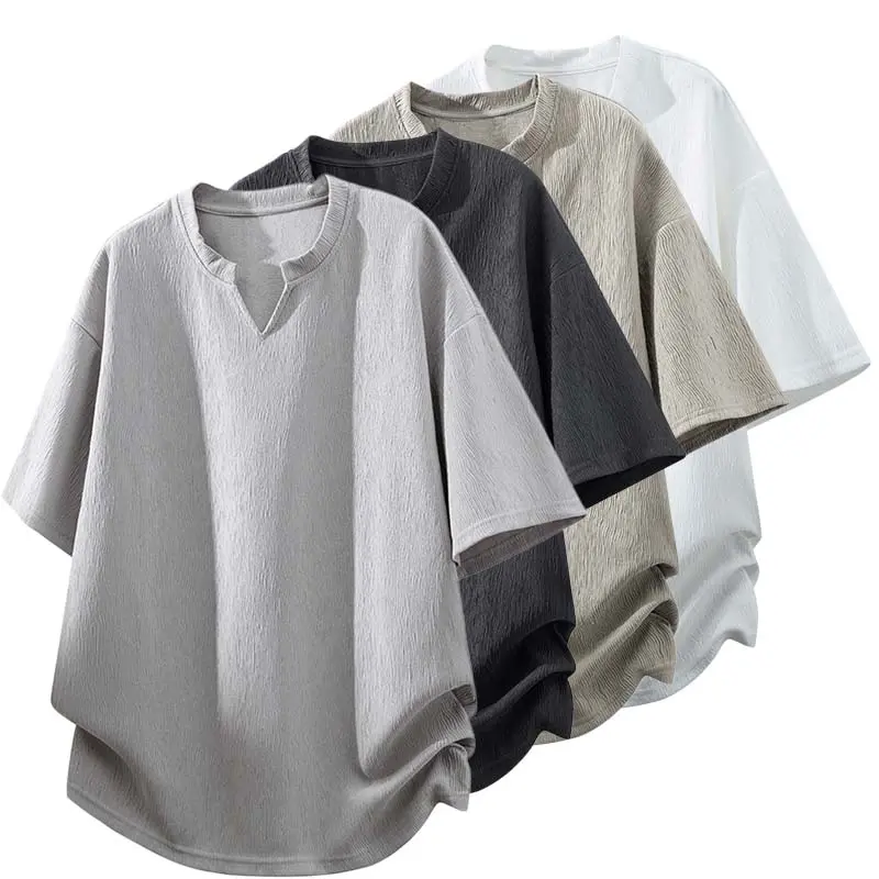 Men's Casual V-Neck Tshirt - Streetwear Short-Sleeve Top, Loose-Fitting, Breathable Drapey Textured Woven Fabric for Summer, Lightweight Loose Fitting V Neck Men's Short-Sleeve T-Shirts, Plain, Shortsleeve, Foldable, T-Shirt Top