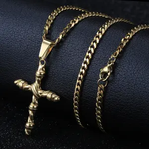 Hermah Cross Pendant Necklacae for Men Women Silver Gold Color Stainless Steel 3mm Cuban Chain Christ Necklace Hiphop Religion Jewelry 18/20/22/24inch