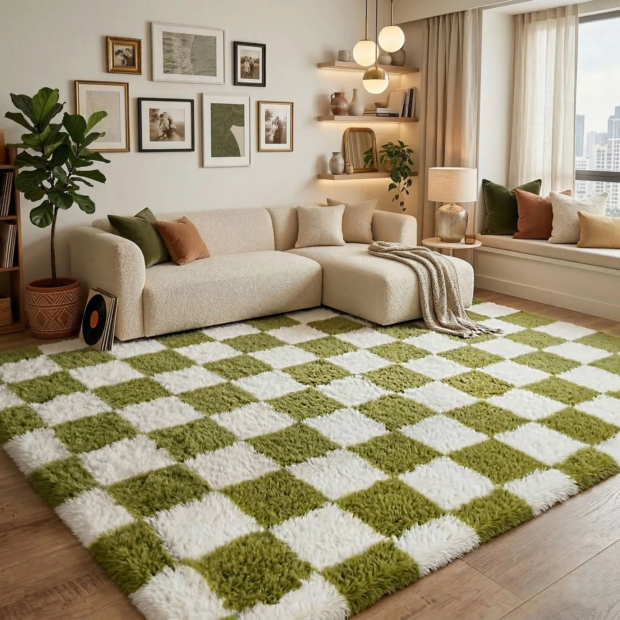 Carpets for Bedroom, Cream Green Checkered  Area Rugs for Living Room ModernIndoor Fluffy Shaggy Rug, Upgraded Non Slip Fuzzy FurryRug for Dorm Home Decor Plush Floor Carpet, LivingRoom Rugs