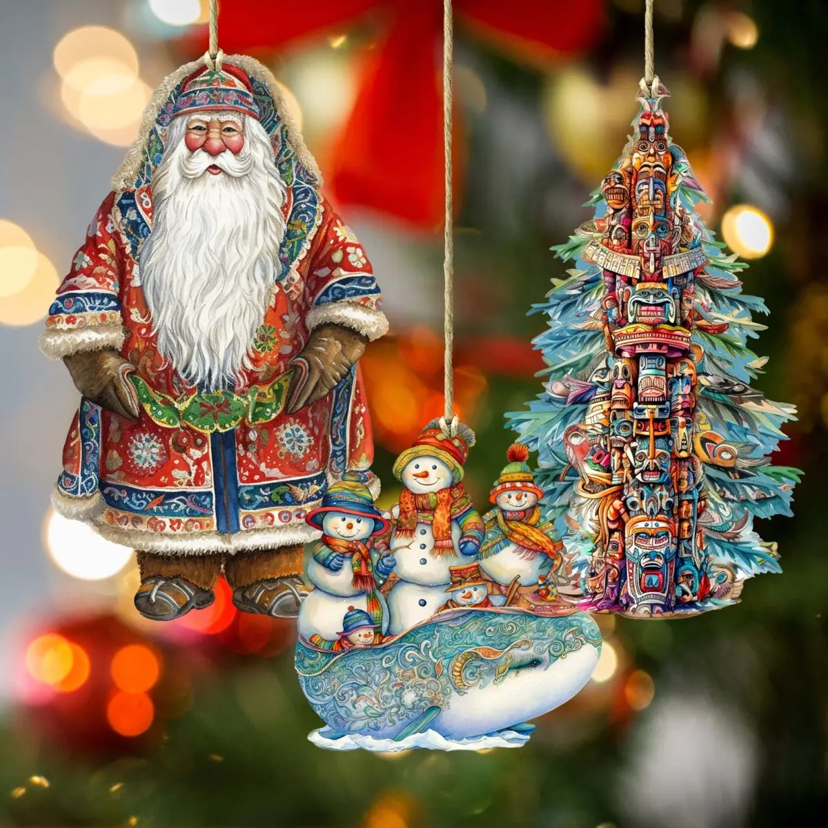 Designocracy 8091314S3 Handmade 4.5x3 in. Alaskan Inspired Santa Wooden Ornaments (Set of 3), Christmas Tree Decoration, Festive Gift, Cultural Voyage Themed Home Decor with Included Bag, G. Debrekht's Art