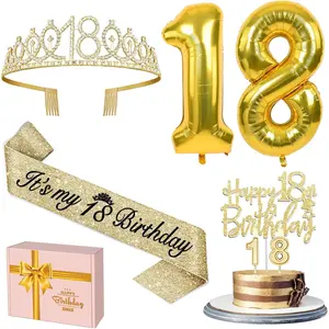 18th Birthday Decorations for Girls Gold with 18th Birthday Tiara and Sash, Cake Topper and Candles, Number Balloons, 18 Year Old Gifts for Girls