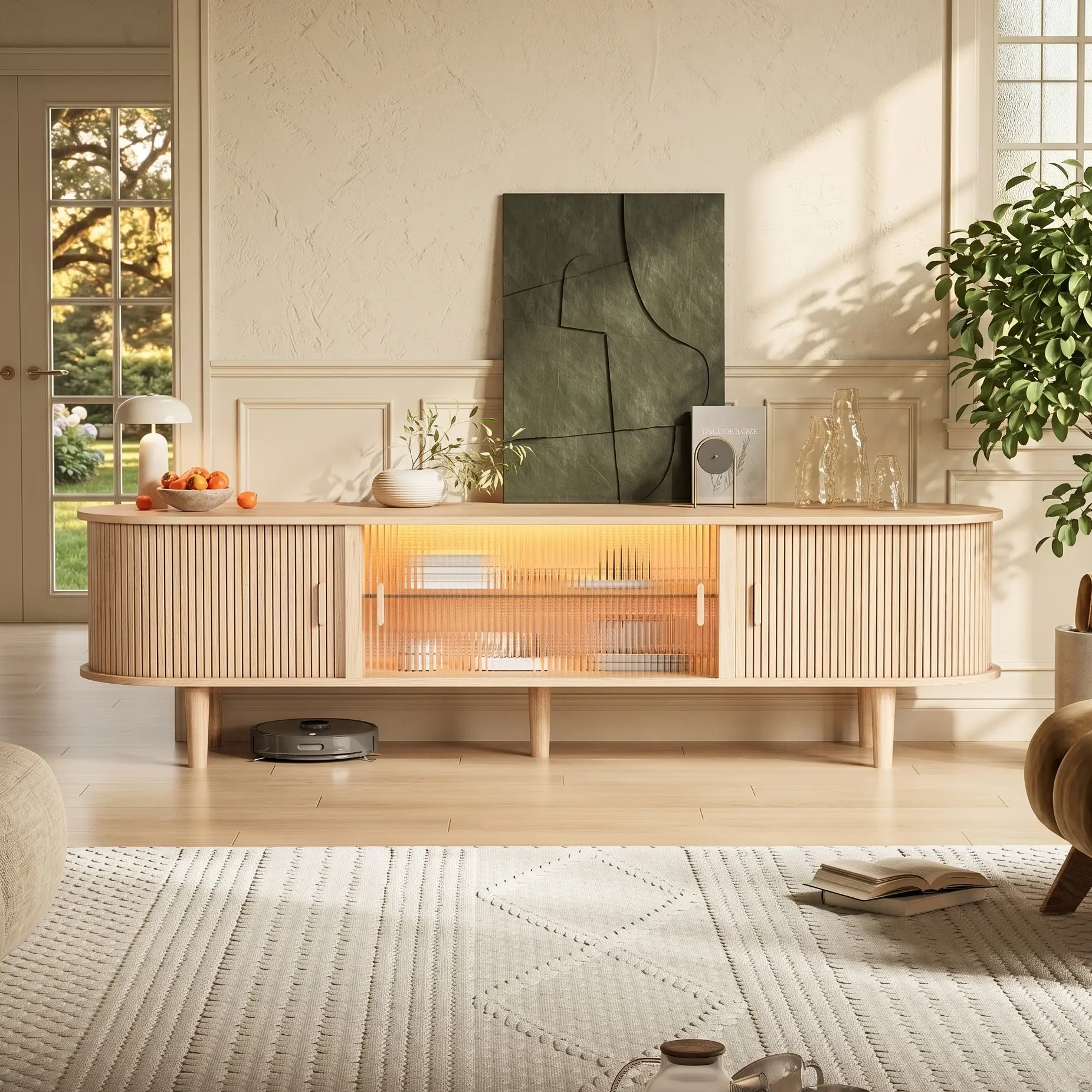 70" TV Stand with RGB LED Lights, Mid Century Modern Acrylic Sliding Doors & Ample Storage, Tall Legs for Living Room Entertainment Center, Stylish Wood Media Console Cabinet