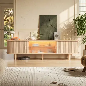70" TV Stand with RGB LED Lights, Mid Century Modern Acrylic Sliding Doors & Ample Storage, Tall Legs for Living Room Entertainment Center, Stylish Wood Media Console Cabinet