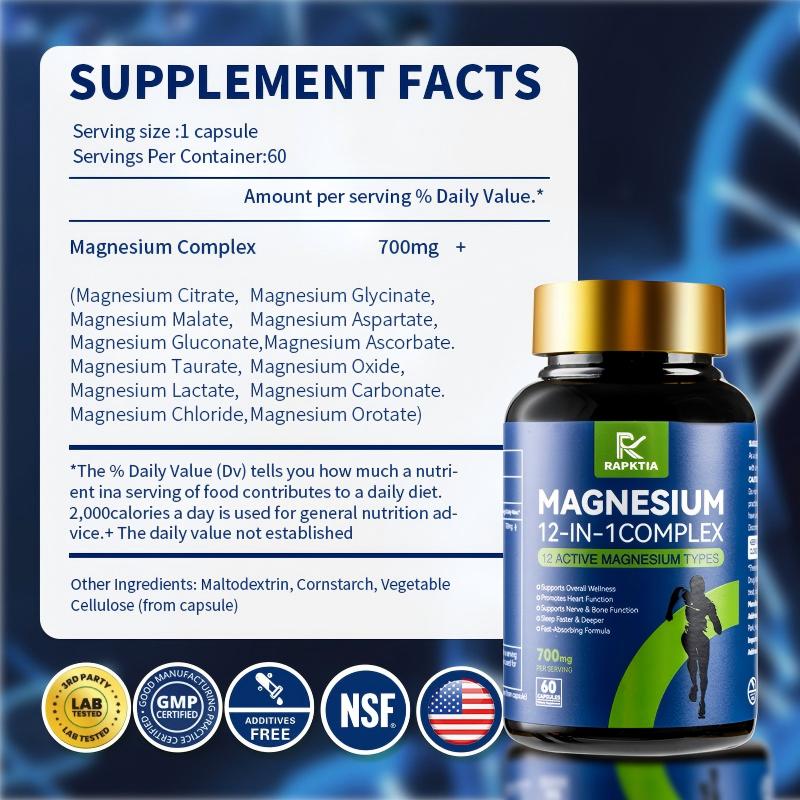 3-Bottle Pack 12-in-1 Magnesium Complex, Relieves Anxiety, Reduces Stress, Improves Sleep, Contains 12 Active Magnesium Types, 60 Capsules