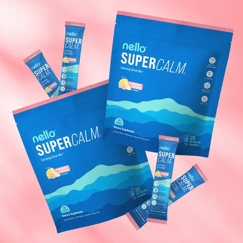 Nello SuperCalm Travel Packets Bundle 2-Pack Calming Drink Mix with KSM-66 Ashwagandha Vitamin D3 Magnesium & L-Theanine Supports Cortisol Balance Mood Sleep Helps Manage Stress Travel Packets 20 Servings Pack of 2 Fitness Edible
