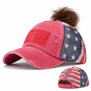 Vintage America 250 Patriotic Ponytail Baseball Cap for Women – USA Flag Embroidered Criss Cross High Ponytail Trucker Hat, Adjustable Mesh Snapback, 4th of July, Memorial Day Gift, Summer Western Mom Hat