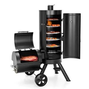 PHI VILLA Charcoal Vertical Smoker Grill and Offset Smoker Grill Combo, Extra Large Outdoor Barrel BBQ Meat Smoker with 5 Removable Smoking Grates & Built-in Hooks for Various Meat Foods