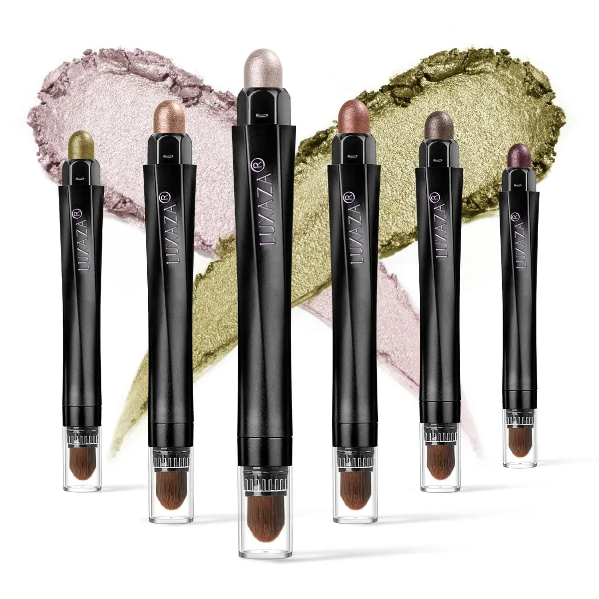 LUXAZA PRO 6-Piece Eyeshadow Stick Set, Long-Lasting Cream Cosmetic Pencils with Blending Brush, Waterproof Matte-Shimmer Finish for All Skin Tones, Champagne Pink