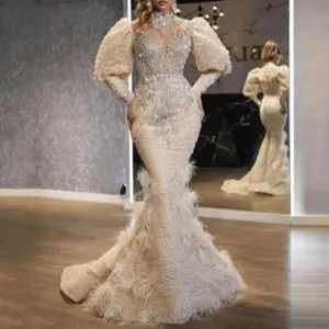 New Style Dress V-neck Feather Princess Sprinkled Gold Long Mesh Evening Fabric Formal