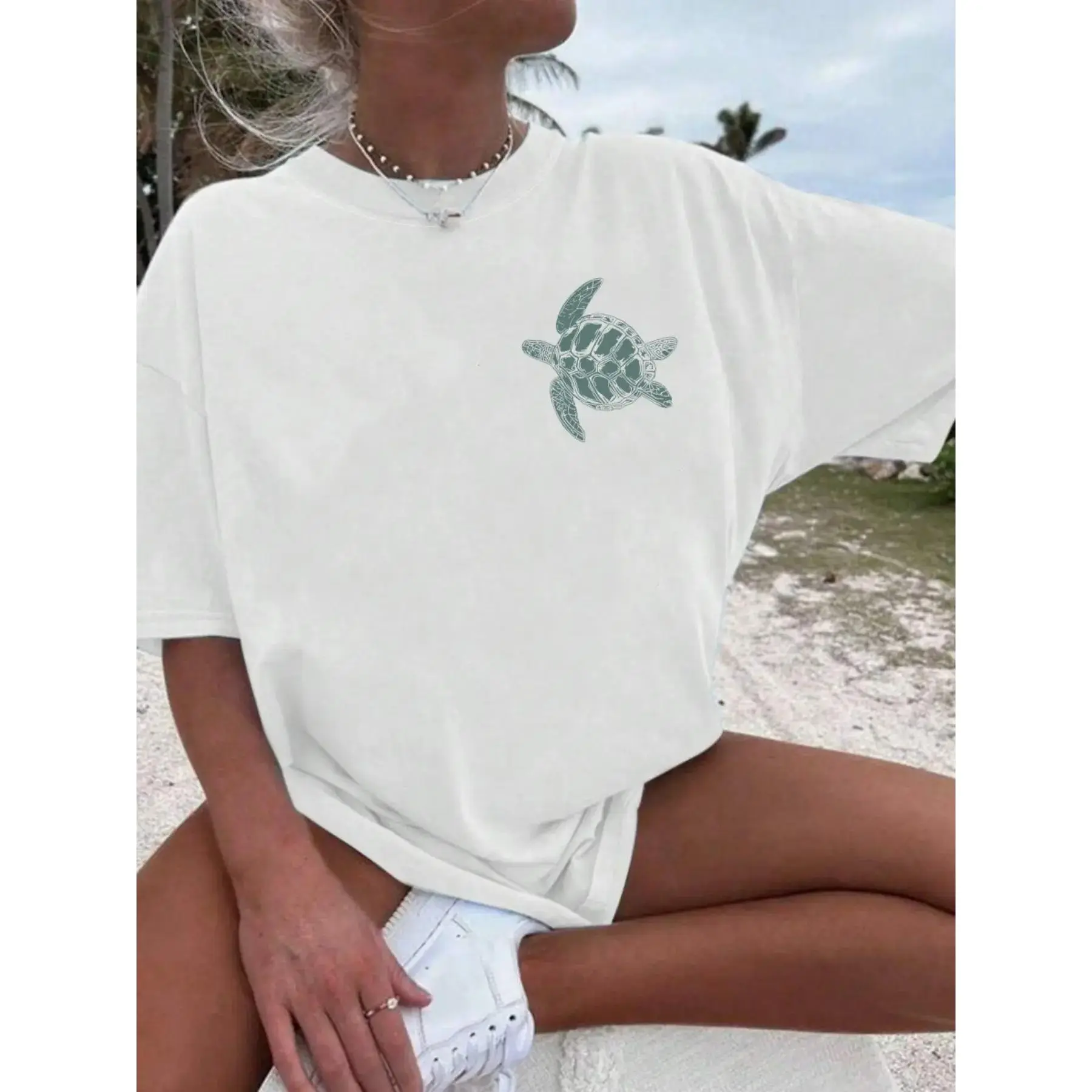 Women's Oversized Graphic Sports Top - Baggy, Loose Fit, Drop Shoulders, Short Sleeves, Round Neck, Bold Turtle All Over Print, Letters, Effortless Wearing, Machine Washable Summer Casual Wear, XXXL