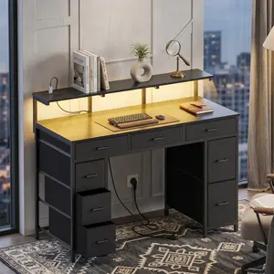 47 Inch Computer Desk with 8 Storage Drawers, Gaming Desk with LED Lights & USB Power Outlets, Home Office Table with Monitor Stand, Study Writing Work Table for Bedroom, Black