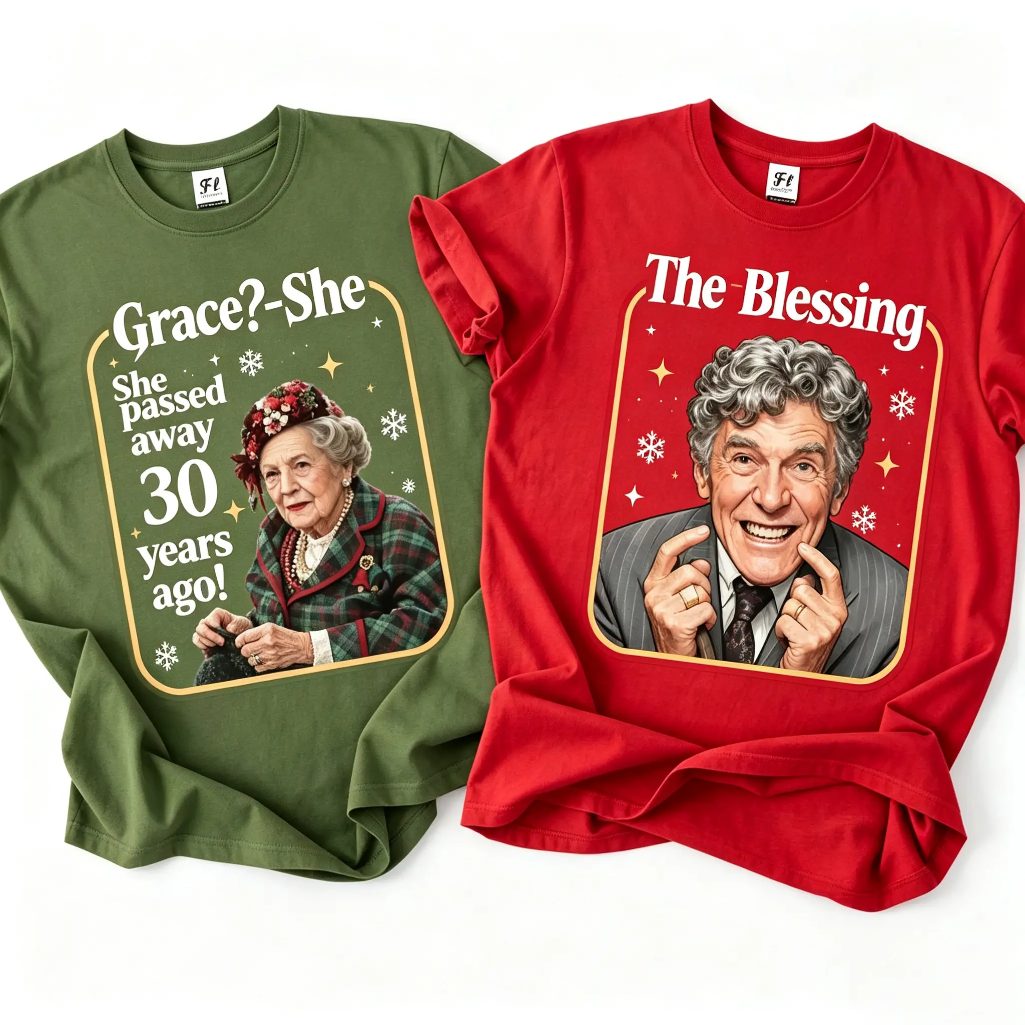 Fun Christmas Movie Theme - Senior Couple T-Shirt | Uncle Louis and Aunt Bethany, Christmas Couple with Flag Lantern, Family Christmas Sweater | Casual Style, Medium Stretch Fabric, Regular Fit, Crew Neck, Short Sleeves