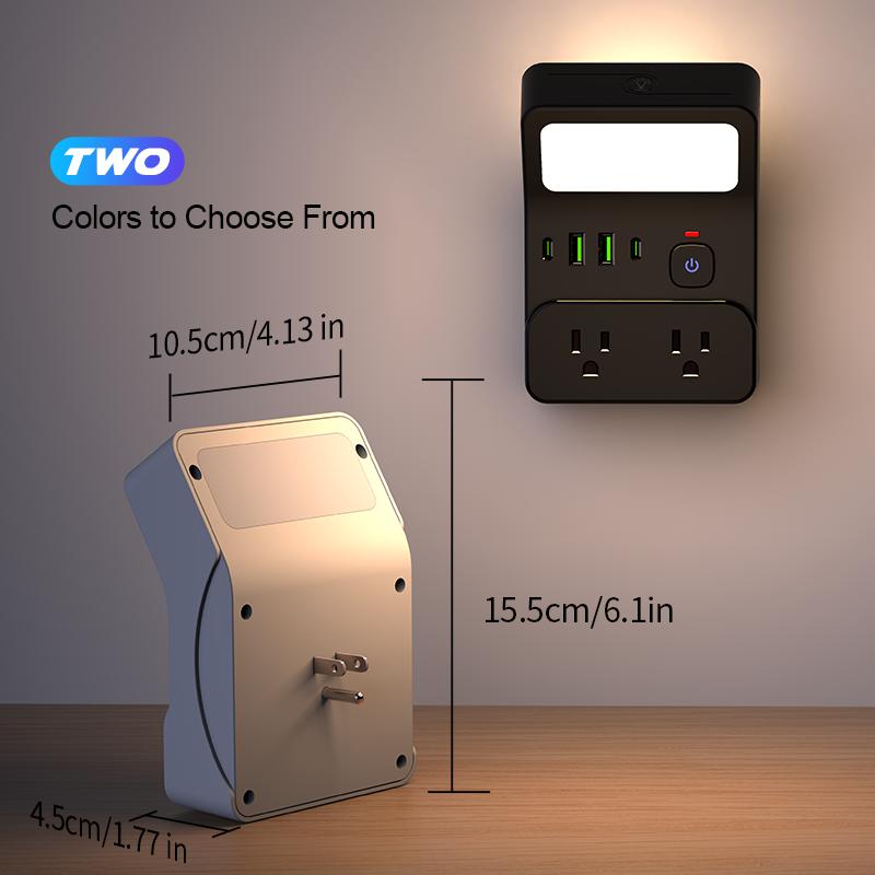 1pc night light wall socket, 4 AC sockets with overload protection, maximum power of 1250W, 10A, 2 USB 2 Type-C, suitable for home, office, travel and computer.