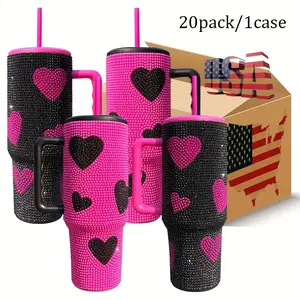 Valentine's Day 20pcs Stainless Steel Rhinestone Tumbler with Straw and Handle Glitter Cups Studded Skinny Tumblers Sparkly Gifts for Women Modern Rhinestone Decor Tumbler for Home Hand Wash Only Reusable Festive Gift