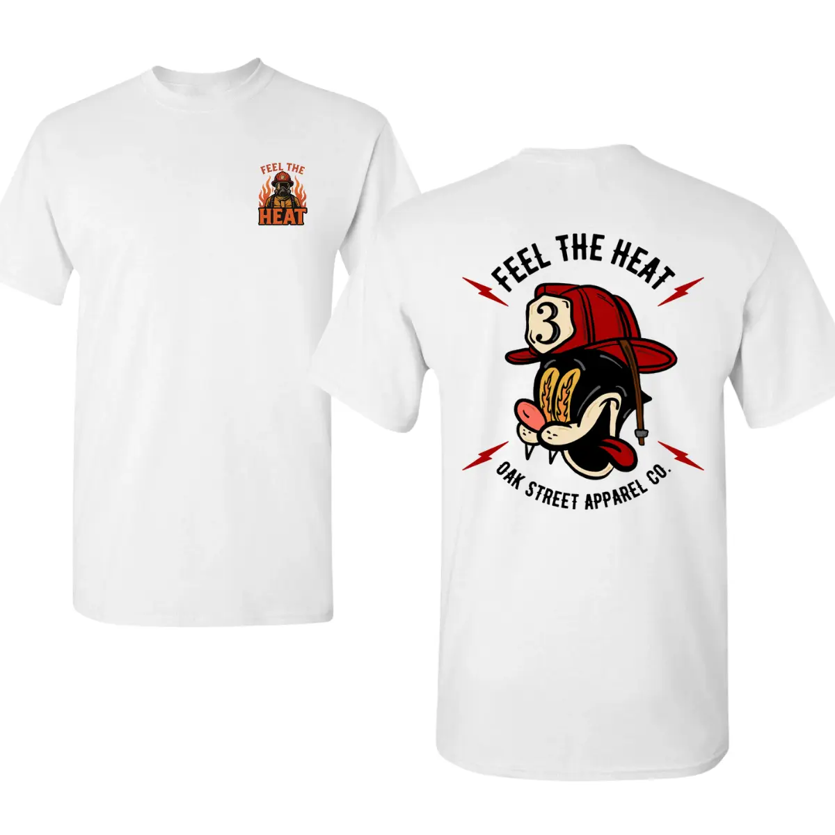 Firefighter Graphic T-Shirt 2 Sides, Feel The Heat Back Design with Firefighter in Mask and Flames, Small Front Chest Logo, Soft Cotton Blend Shirt, Bold Tribute Tee for Men & Women, First Responder Gift