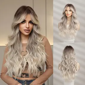Ombre gray Long Wavy Wig 26 Inch Middle Part Wavy Synthetic Wigs for Women Natural Looking Heat Resistant Fiber Wig for Daily Party Use