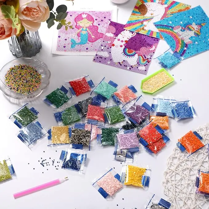 32000 Pcs 42 Color Diamond Painting Beads Kit, Round Flat Bottom Resin Rhinestones with 3 Bottles Glue, Tweezers and Diamond Art Pen, Replacement Diamonds for 5D Diamond Painting DIY Craft Accessories