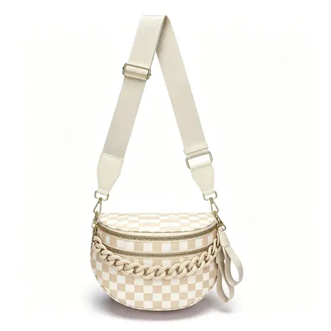 B-Women's Checkered Nylon Trendy Zipper Crossbody Bag with Adjustable Strap & Anti-Theft Design - Casual Fanny Pack Belt Bag Shoulder Sling Purse for Women
