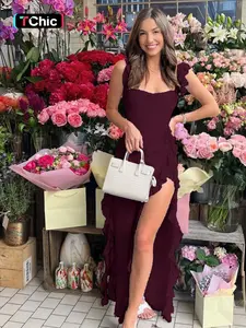 Women's Plain Ruffle Trim Square Neck Dress, Elegant Split Long Dress for Party Holiday Wedding Guest, Ladies Summer Clothes