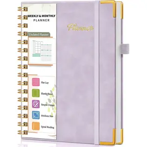 Undated Weekly Planner, Hardcover Leather Weekly & Monthly Calendar Blank Planner,  Notebook with Goal & Habit  Organizer, A5 Daily Planner with Spiral Binding, Ideal for Work School , Purple