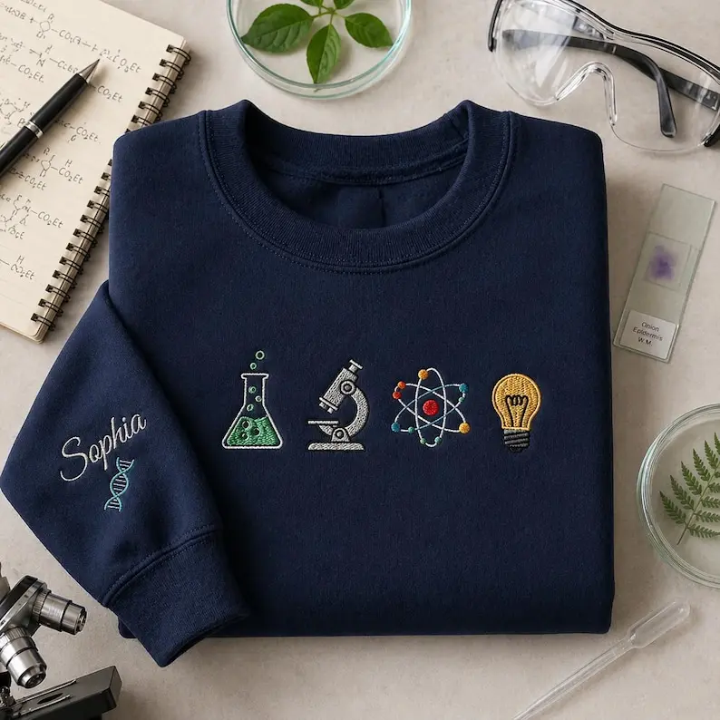 Personalized Science Embroidered Sweatshirt, Custom Name STEM Crewneck, Laboratory Icon Long Sleeve Pullover