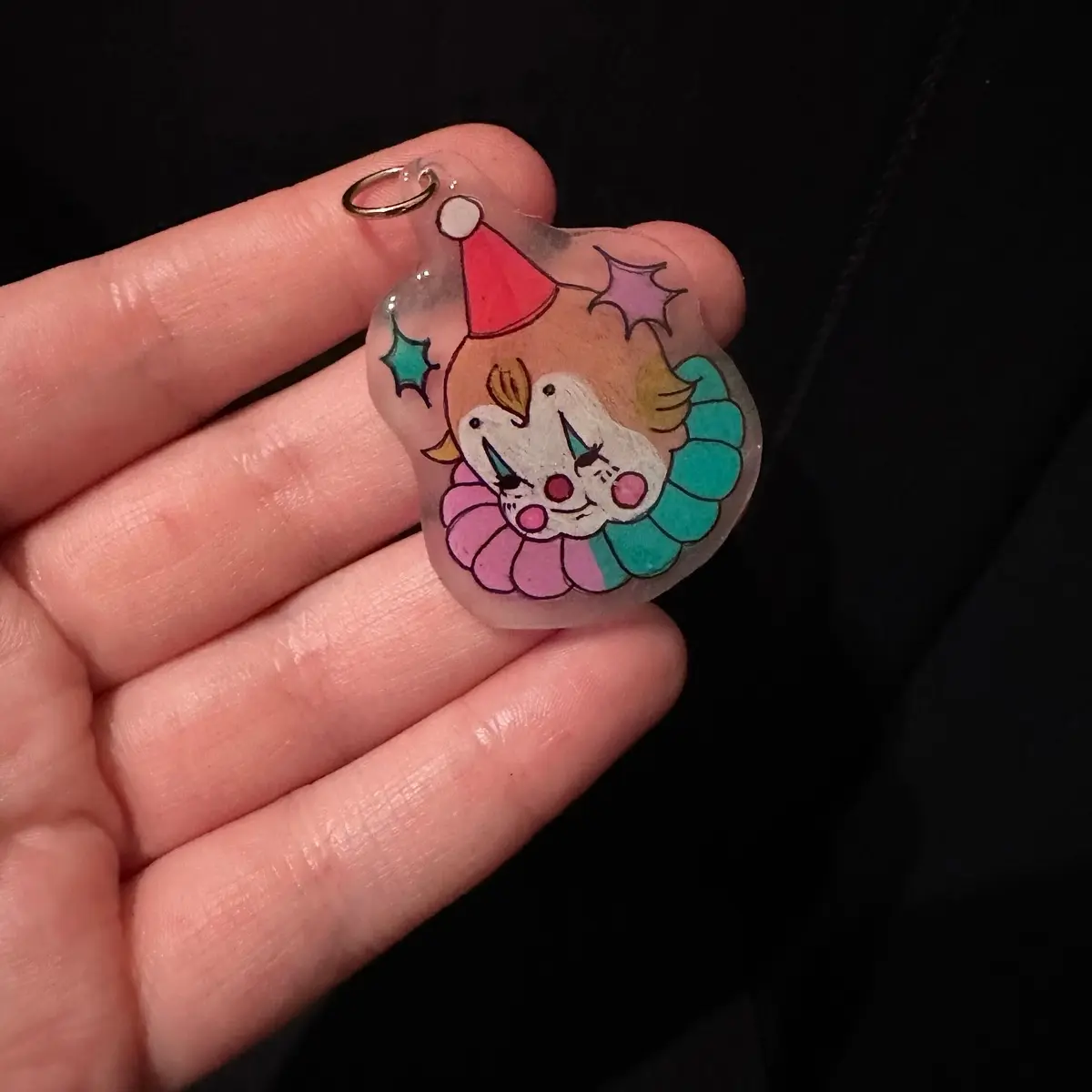 Kewpie Clown Vintage Kitsch style shrink plastic and resin charm or pendant