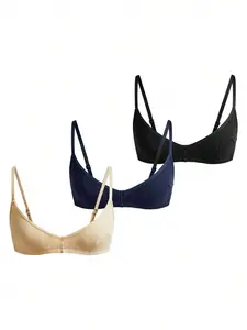 3pcs Women's Ribbed Cotton Blend Basic Bras, Minimalist Wireless Bralette Set For Daily Wear Home Lounge Casual Innerwear