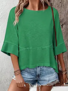 【Plus Size】 Solid Color Tee, Casual Half Sleeve Round Neck T-shirt for Daily Wear, Women Clothing for All Seasons, Summer Top