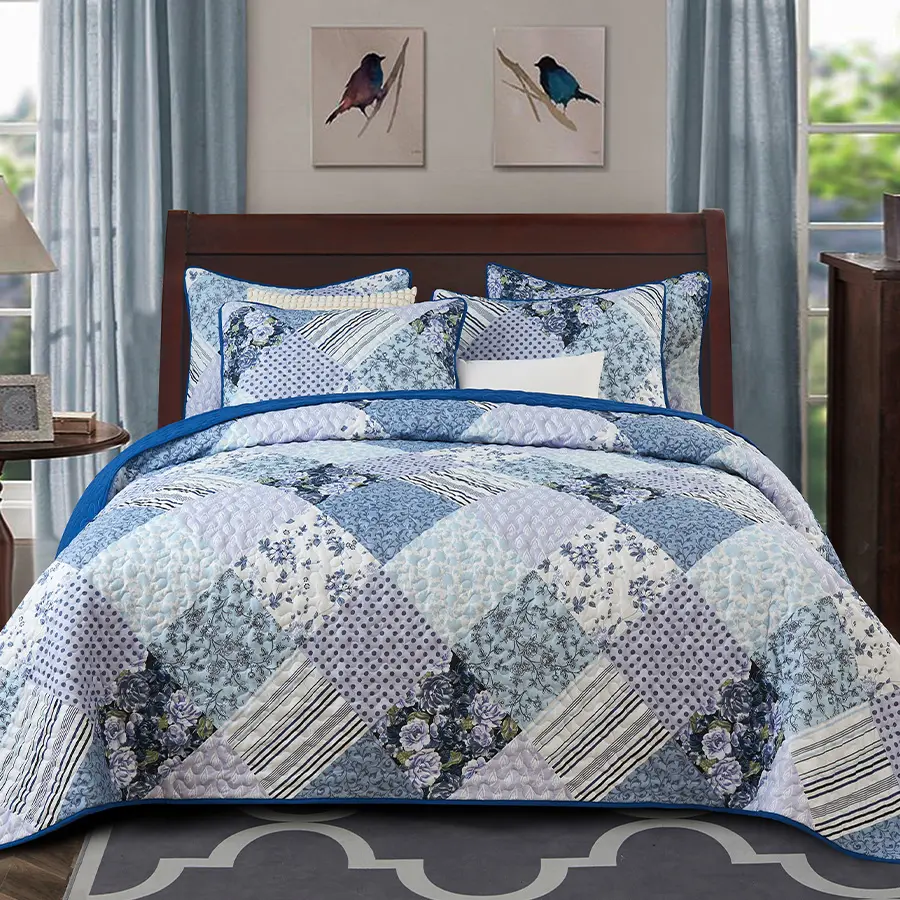 The Blue Danube Waltz Reversible Bedding Set - Premium Stitched Quilted Coverlet, 2 Pillow Shams, Vibrant Digital Print Bedspread, No Shrinkage Anti-Deform Soft All-Season Bed Comforter Set for Queen/King Bedroom Decor, Bedding Sets