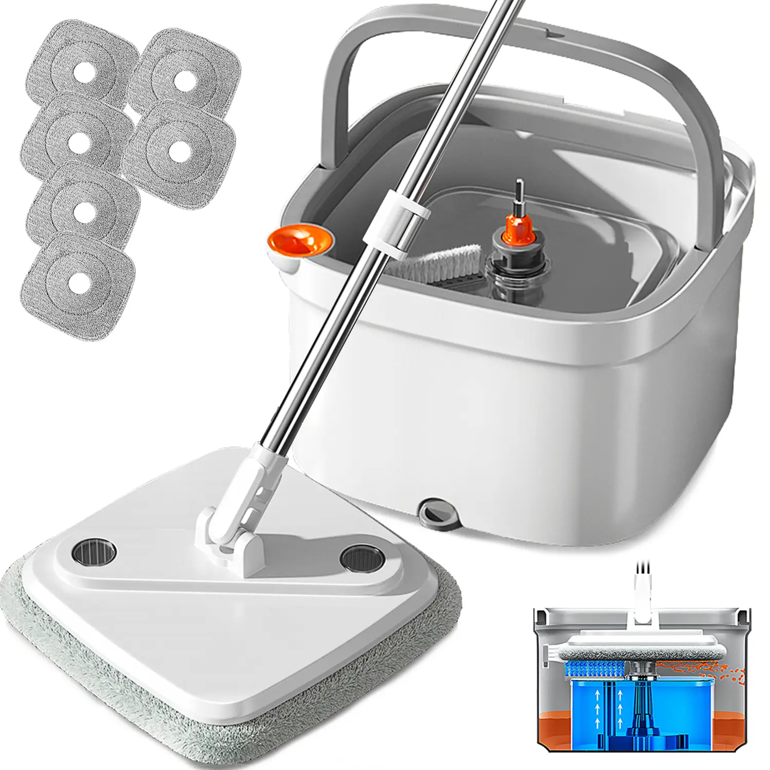 TIKAAATOK Spin Mop and Bucket System with Upgraded Dual Compartment Tank - Includes Thick Washable Microfiber Cleaning Cloth Light