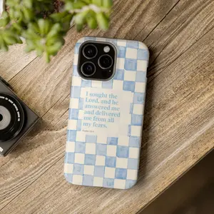 Christian Phone Case - Psalm 34:4 Scripture & Aesthetic Checkerboard for iPhone | Cover for IPhone 16 15 14 13 12 SE Max Pro Samsung galaxy, Gift for her