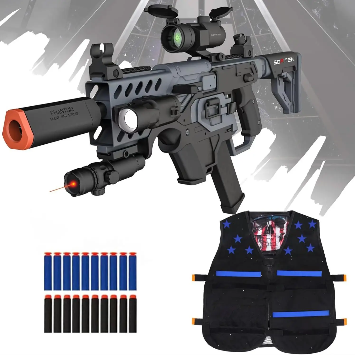 SOFITEN VIKTOR Automatic Foam Shooting Toy Set with Tactical Vest, Scope, 120 Darts, IR & Flashlight, Outdoor Toy for Age 8+, Christmas & Birthday Gif