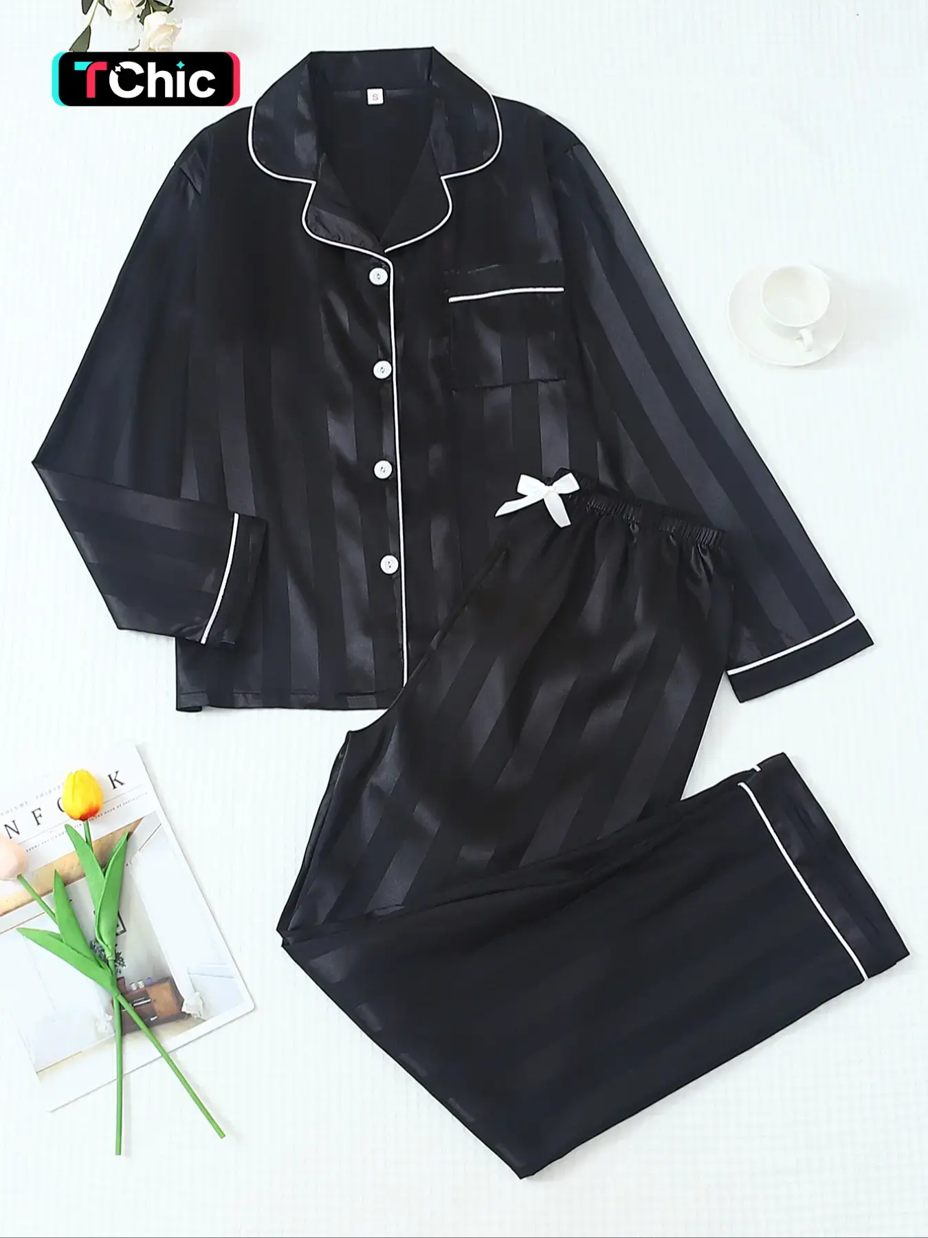 Women's Striped Satin Jacquard Fitted Pajama Set, Matching Nightwear Set, Long Sleeve Top & Bow Pants, Chic Luxurious Soft Fabric, Comfortable Sleepwear, Loungewear & Casual Wear, Pjs, Womenswear