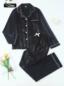 Women's Striped Satin Jacquard Fitted Pajama Set, Long Sleeve Top & Bow Pants, Chic Luxurious Soft Fabric, Comfortable Sleepwear, Loungewear & Casual Wear, Pjs