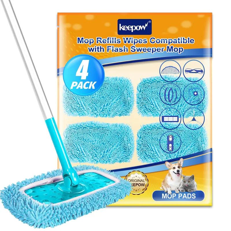 KEEPOW 2-Pack Reusable Mop Pads - Removable Refills for Swiffer Sweeper, Machine Washable, Water-Absorbent, for Wet/Dry Hard Floor Cleaning (Mop Not Included)