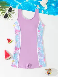 New Girls' One-Piece Swimsuit, Plant Print Waist Patch, Slim-Fitting Tank Top, Perfect for Beach Parties and Swimming, All Seasons